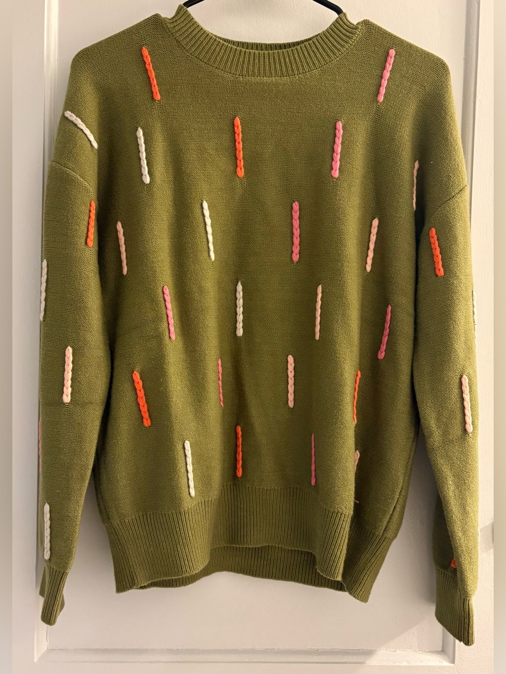 THML Dash Sweater in Olive featuring multi-color dash stitching NWT